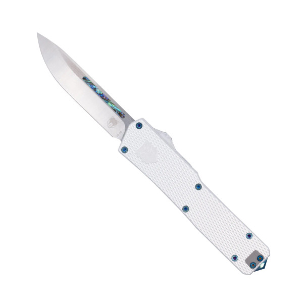 CobraTec Abalone Edge OTF automatic knife VG-10 blade with abalone inlay open view