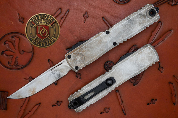 Microtech Ultratech Gen IV Sand Trooper OTF knife open front side showing distressed handle and drop point blade