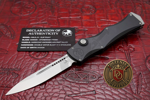 Microtech Marfione Select Halo IV open with authenticity card showing black handle and stonewash spear point blade