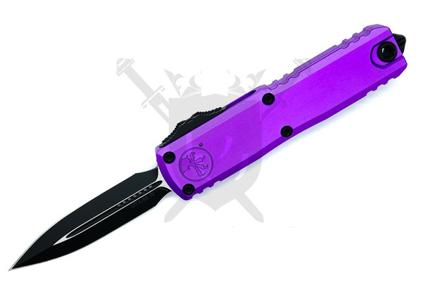 Microtech UTX-85 Gen IV purple OTF knife open with black double edge blade front view
