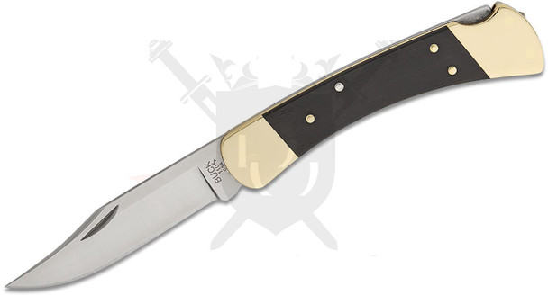 Buck 110 Slim Heritage Elite open with MagnaCut clip point blade and ebony wood handle with brass bolsters