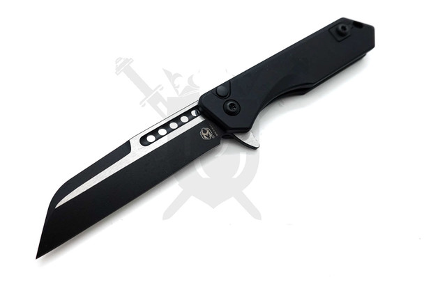 Angled view of Heretic Jinn knife highlighting blade finish and flipper tab