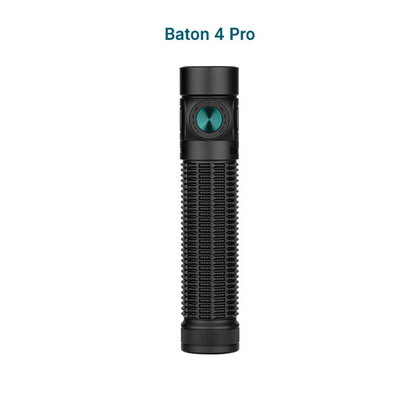 Olight Baton 4 Pro Black rechargeable EDC flashlight standing upright on white background