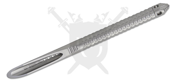 Microtech TAC-P Mini 112M-7 bead blasted stainless steel tactical spike shown outside the sheath with frag-patterned grip and glass breaker.