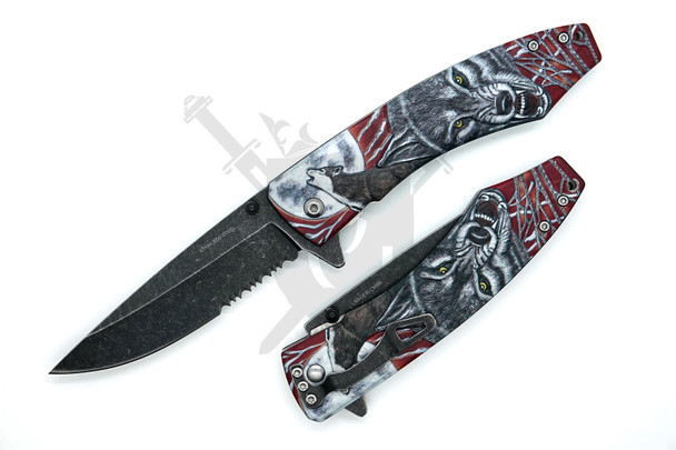 Red Wolf Moon spring assisted folding knife opened and closed showing wolf artwork aluminum handle and black stonewashed serrated blade