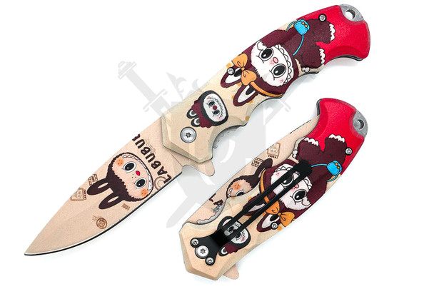 Labubu Crimson Bunny assisted opening pocket knife open with red and cream cartoon artwork on blade and handle