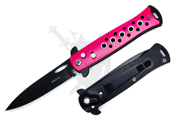 Pink aluminum automatic switchblade knife shown open and closed with black-coated blade.