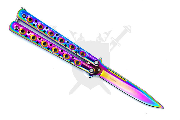 Neo-chrome rainbow butterfly knife open showing iridescent stainless steel handles and drop point blade.