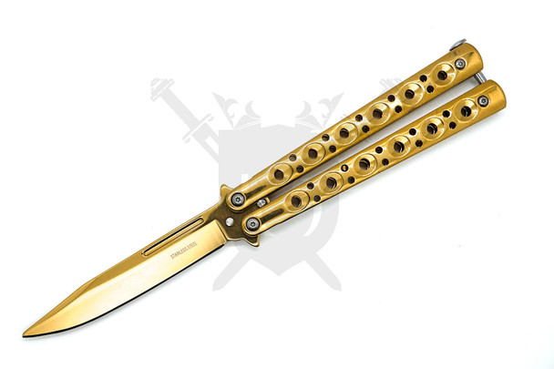Gold titanium coated butterfly knife open with polished stainless steel handles and drop point blade.