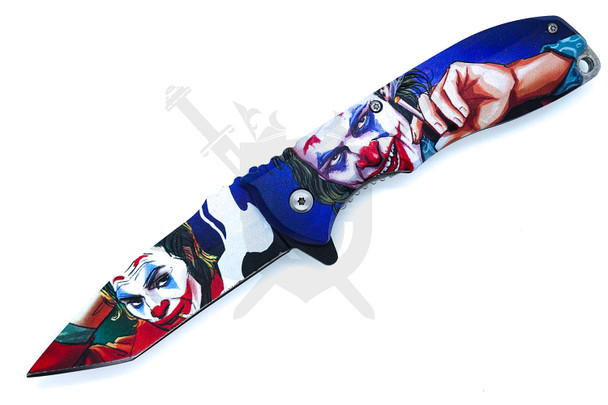 Blue Joker themed spring assisted folding knife with printed tanto blade open.