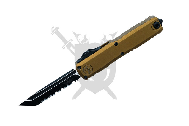 Microtech UTX-70 Gen IV 11494-3TA tan handle black full serrated tanto automatic OTF knife front view