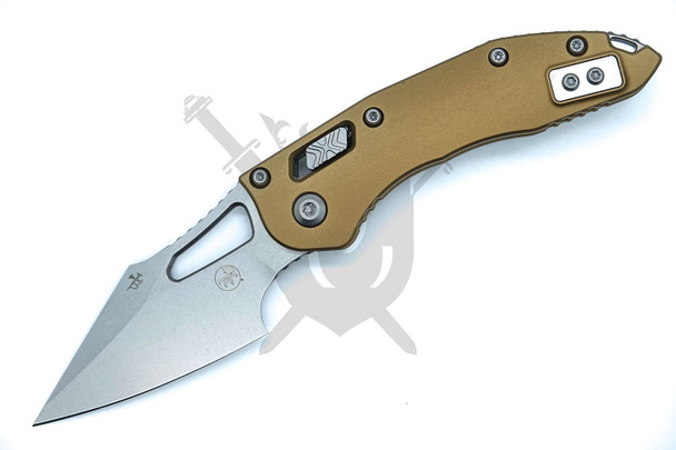 Microtech M-Stitch RAM-LOK 169MRL-10TA tan smooth aluminum handle stonewashed M390MK blade open front view