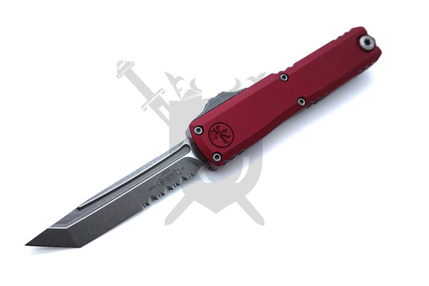 Microtech UTX-70 Gen IV 11494-11APMR automatic OTF knife with Merlot handle and partial serrated apocalyptic tanto blade open