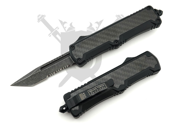 Armed Force Tactical Carbon-Weave Strike OTF automatic knife with carbon fiber handle and stonewashed partially serrated tanto blade open and closed