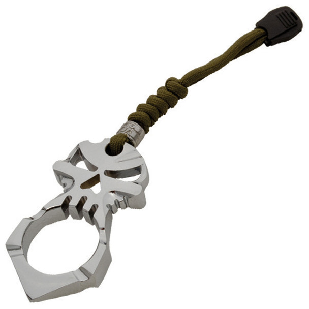 Single Finger Urban Skull Sentinel silver EDC keychain knuckle with olive drab paracord lanyard and polished skull design