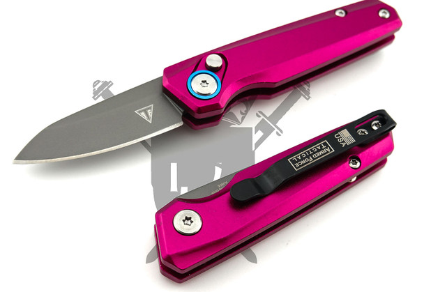 Armed Force Tactical Pocket Flash Micro automatic knife with pink aluminum handle and gray drop point blade open and closed
