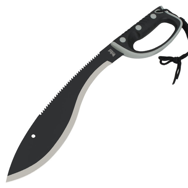 United Cutlery Colombian Sawback Kukri Machete with black coated AUS-6 blade, sawback spine, ergonomic guarded handle, and paracord lanyard