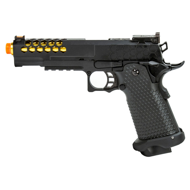 Golden Eagle 3339 OTS .45 Hi-Capa Gas Blowback Airsoft Pistol left side with black Hive vented slide and gold barrel