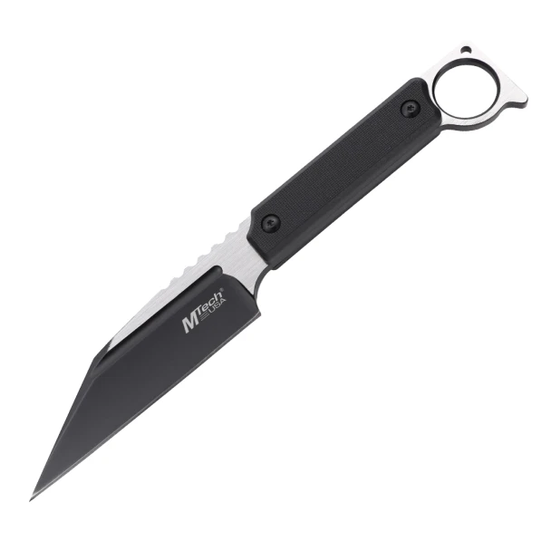 MTech USA MT-FIX004BK fixed blade neck knife with black reverse tanto blade, nylon fiber handle scales, and finger ring on white background.