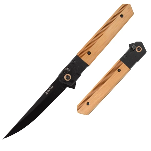 Elk Ridge ER-A2035BB spring assisted folding knife with a black oxidized drop point blade, wood handle, and black stainless steel bolsters shown open and closed.