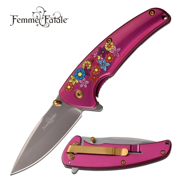 Femme Fatale FF-A013PK spring assisted folding knife featuring a mirror polished drop point blade, bright pink stainless steel handle with colorful floral artwork, gold hardware, and a gold pocket clip shown open and closed.