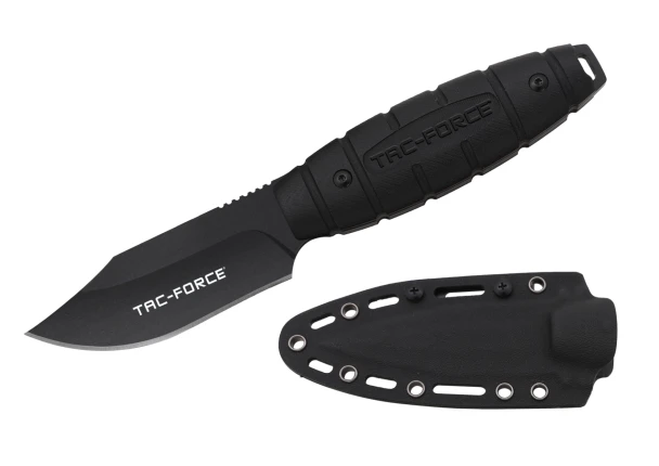 Tac-Force TF-FIX115BK full tang fixed blade knife featuring a black oxidized clip point blade, textured black G10 nylon fiber handle, and molded ABS sheath with belt clip.
