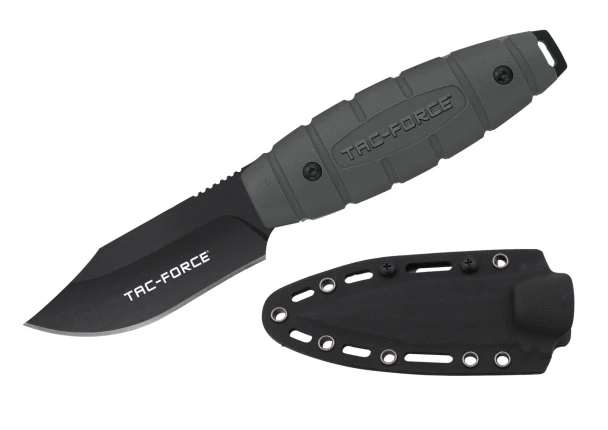 Tac-Force TF-FIX115GY full tang fixed blade knife with a black oxidized clip point blade, gray textured G10 nylon fiber handle, and molded ABS sheath with belt clip.