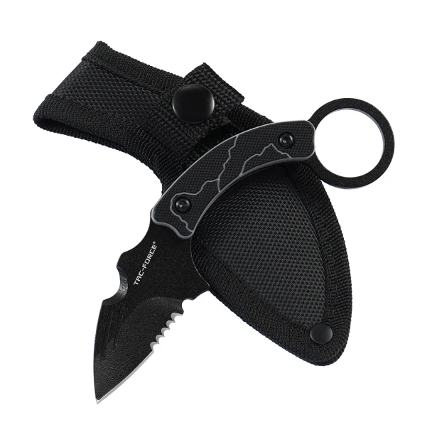 Tac-Force TF-FIX111BT fixed blade karambit with a black partially serrated blade, two-tone G10 handle, oversized finger ring, and reinforced nylon sheath.
