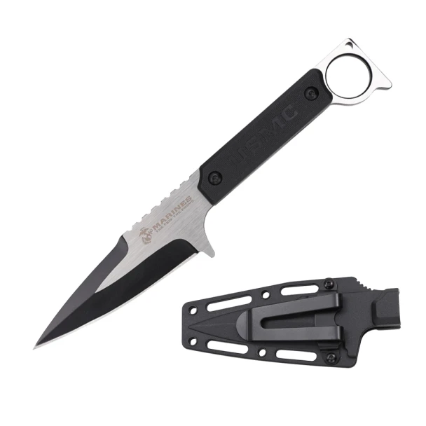 USMC officially licensed fixed blade knife with a black and satin modified spear point blade, black nylon fiber handle with finger ring, and molded ABS sheath.