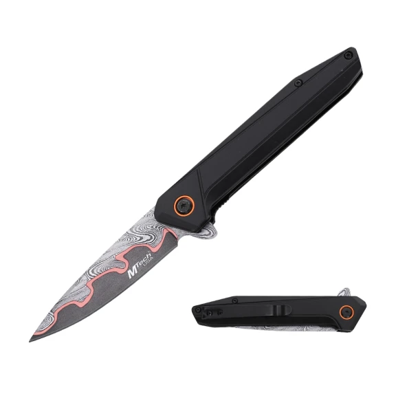 MTech USA MT-A2031BK spring assisted folding knife with etched drop point blade, black anodized aluminum handle, and red accent near the pivot.