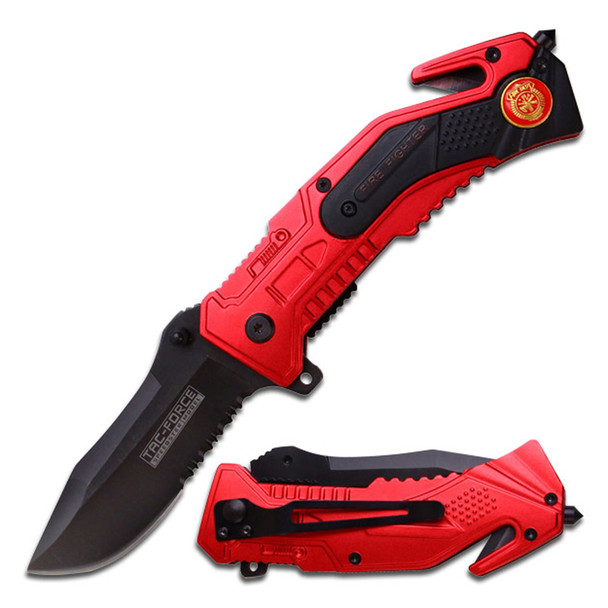 Tac-Force TF-688FD Firefighter assisted opening rescue folding knife with a black 3-inch half-serrated drop point blade, red and black aluminum handle, Fire Department medallion, glass breaker, and integrated seat belt cutter.
