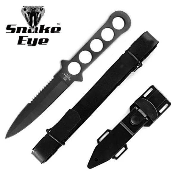 Snake Eye Tactical SE-1BDBK heavy-duty fixed blade diving knife with black double-edge spear point blade, skeletonized full tang handle, adjustable nylon leg strap sheath, and belt attachment.