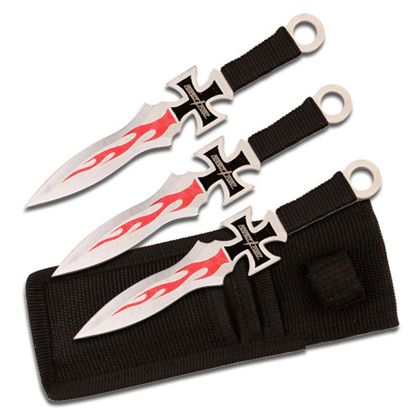 Perfect Point PP-020-3 three-piece throwing knife set featuring satin 3Cr13 stainless steel blades with red flame graphics, black cord-wrapped handles, and a heavy-duty nylon carrying sheath.