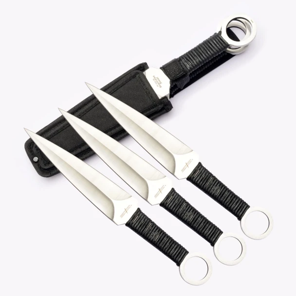 Perfect Point PP-024-3S three-piece throwing knife set featuring 12-inch satin-finished 3Cr13 stainless steel spear point blades, black leather-wrapped handles with finger rings, and a heavy-duty nylon carrying sheath.