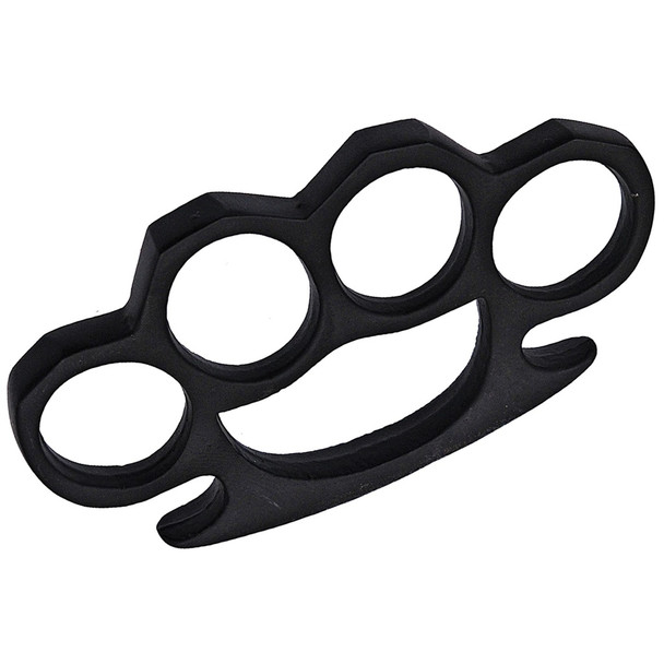 Compact black self-defense knuckles made from lightweight aluminum with four finger holes, personal protection tool on white background