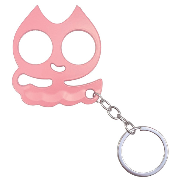 Pink Feline Guardian compact metal cat self-defense keychain with dual finger holes and attached split key ring on a white background.