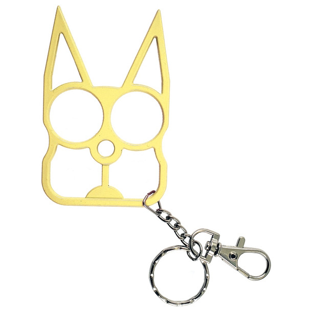 Alley Cat Palm-Guard yellow steel self-defense keychain featuring dual finger openings, extended cat-ear design, split key ring, and swivel lobster clasp displayed on a white background.
