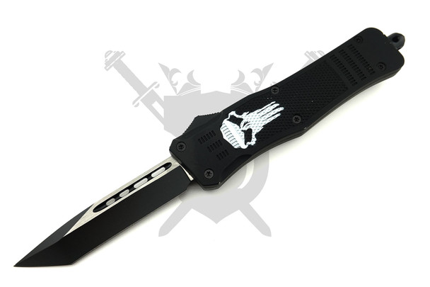 Armed Force Tactical Model 112LPSTP Punisher Skull Lightning-Deploy OTF automatic knife with a matte black American Tanto blade, textured black handle, and white Punisher Skull graphic deployed.