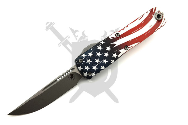 Microtech Signature Series UTX-85 Gen IV OTF automatic knife with apocalyptic drop point M390MK blade and 250th Anniversary American flag machined aluminum handle front view.