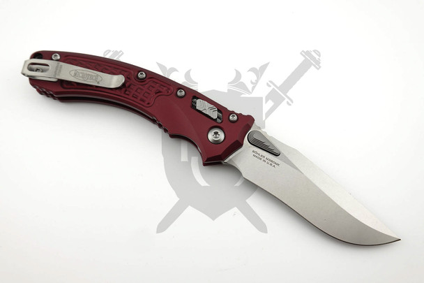 Microtech Amphibian Mini RAM-LOK 137MRL-10FRMR Merlot Frag Aluminum folding knife open front view