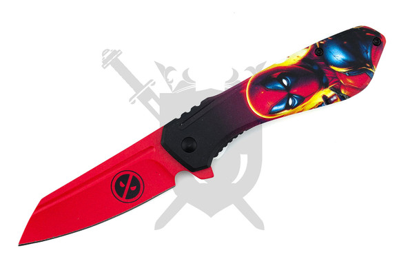 Merc with a Mechanism Deadpool inspired assisted opening knife with matte red clip point blade open front view