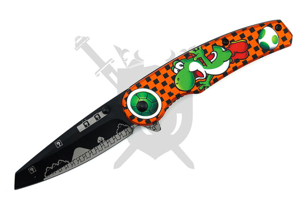 Pixel-Level Sidekick Yoshi inspired assisted opening knife with black drop point blade open front view.