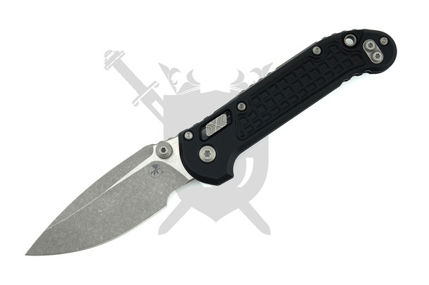 Microtech 1135RL-10APFR LUDT RAM-LOK manual folding knife open with apocalyptic drop point blade and black Frag aluminum handle