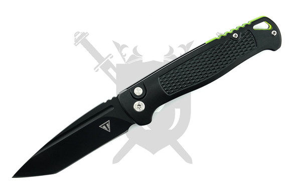 Armed Force Tactical Blackout Sentinel automatic knife open with gray American Tanto blade and black aluminum handle.