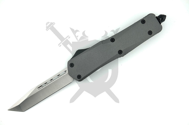Armed Force Tactical Grey Heavy Duty Line Deployment OTF Automatic Knife 10-929TGYP open with 4-inch satin American Tanto plain edge blade and matte gray zinc alloy handle.