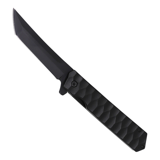 Elite Edge Modern Blackout spring assisted flipper knife with black American Tanto blade and textured black aluminum handle.