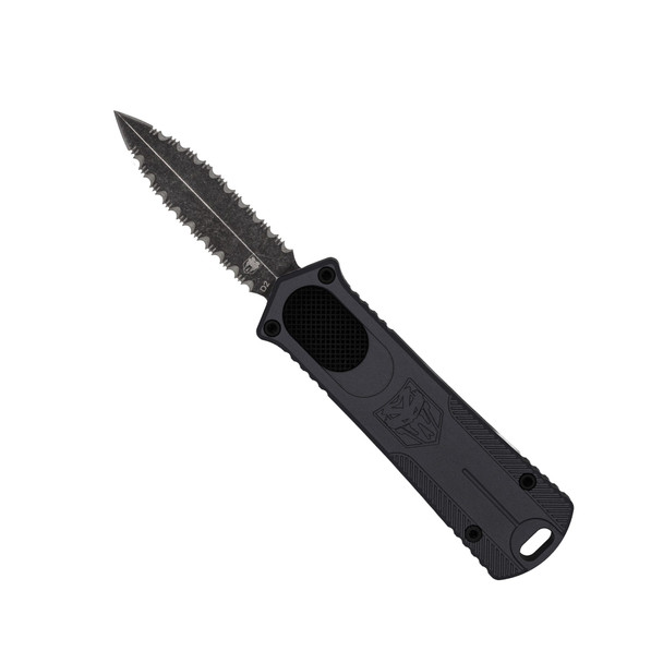 CobraTec OTF 952 Gen II Black Automatic Knife with Stonewashed D2 Double Edge Full Serrated Blade - Front View