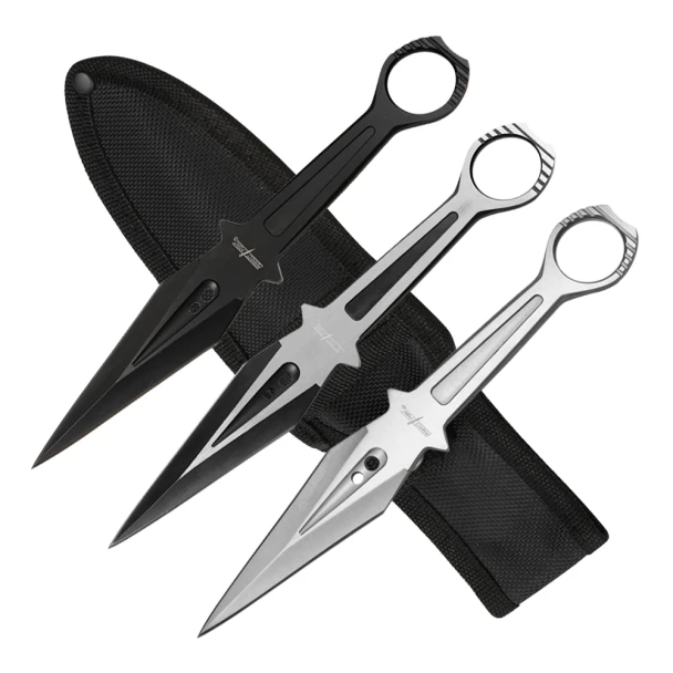 Perfect Point PP-307-3 set of three black, silver, and two-tone throwing knives displayed across the included black nylon sheath.