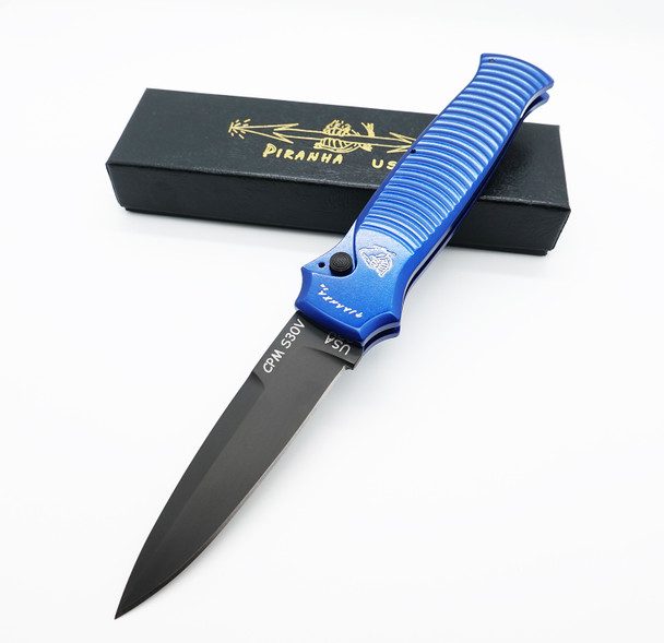 Piranha Bodyguard Blue Automatic Knife Tactical Black Blade