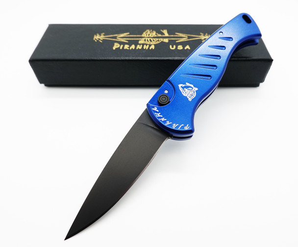 Piranha Fingerling Blue Automatic Knife Tactical Black Blade